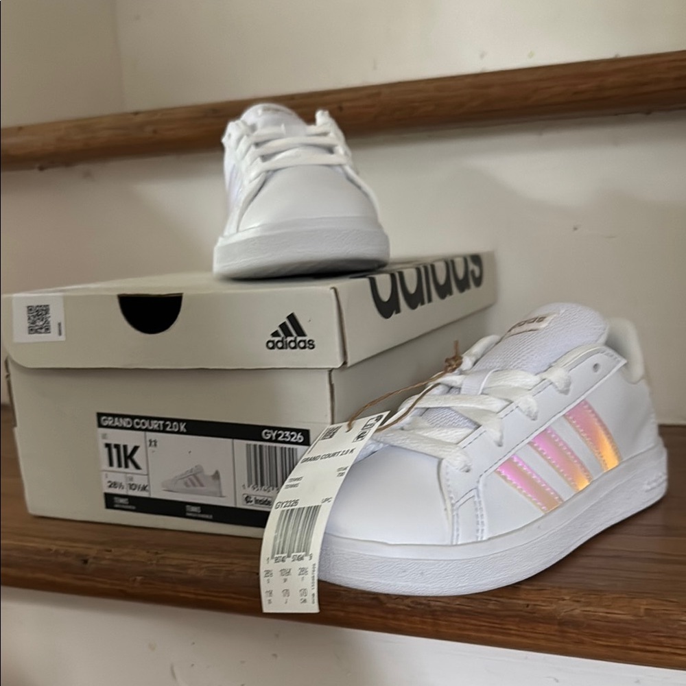 Adidas White and Pink Sneakers with Iridescent Stripes